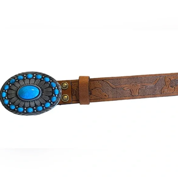 Turquoise Stone Embossed Brown Leather Western Belt With Silver Metal BuckleNew - Picture 7 of 15